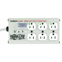 Gray healthcare surge protector outlet strip with 6 outlets, 15 ft cord, 3330 J rated energy, and 12 A current. UL 1363 listed. Keyhole mounting style. Suitable for protecting medical equipment in healthcare facilities.