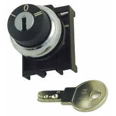 This EATON key switch is a 22 mm panel-mounted selector without contacts, featuring a 3-position maintained/maintained/maintained action. The key can be removed in any position, making it suitable for industrial control panels requiring secure multi-position switching, such as mode selection or access control.