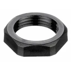 Nylon locknut with metric M25 thread size, black color. Used to secure cable grips in electrical enclosures, junction boxes, and machinery where non-conductive, corrosion-resistant fastening is required.