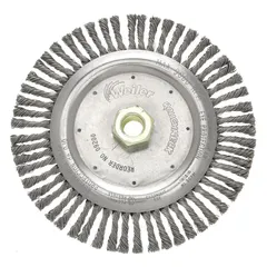 Stainless steel wire wheel brush for weld cleaning, removing slag and discoloration from stringer beads on stainless steel. Measures 6-7/8" diameter by 3/16" width with a 5/8"-11 threaded arbor. Suitable for fabrication, metalworking, and maintenance tasks requiring clean, corrosion-resistant weld surfaces.