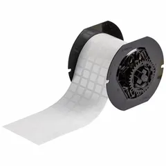 White polyester precut label roll with sizes 1/2 in x 7/16 in and 7/16 in x 1/2 in. Halogen-free material. Compatible with BBP33 printer series. Used for wire and cable marking, component labeling, and asset tagging in industrial environments.
