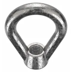 Stainless steel eye nut with plain oval design. Inside diameter 1-1/4 in, outside diameter 2 in. Used for lifting, rigging, and tie-down applications requiring a corrosion-resistant attachment point.