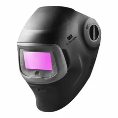 3M Welding Helmet: Auto-Darkening, Black, 3/5/8 - 12, 2.1 in x 4.2 in, Digital, Grind Mode, Ratchet (MPN 09-0100-20). Key specifications — Color: Black; Suspension Adjustment Type: Ratchet; Series: G5; Graphics: None; Viewing Area: 2.1 in x 4.2 in; Brand: 3M; Grind Mode: Yes; Helmet Material: PPA.