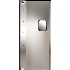 This insulated swinging door features two doors, each 6 ft wide by 7 ft high, constructed of aluminum and zinc with a gray finish. It includes a polycarbonate window, bumpers, and mounting hardware; door seals are sold separately. Suitable for temperature-controlled environments such as walk-in coolers, freezers, or clean rooms.