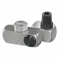 Double-pivot air line fitting constructed from nickel-plated 1215 CR aluminum and stainless steel with Buna-N seals. Features male NPT inlet and female NPT outlet connections. Suitable for pneumatic systems requiring flexible, leak-resistant connections in industrial environments.