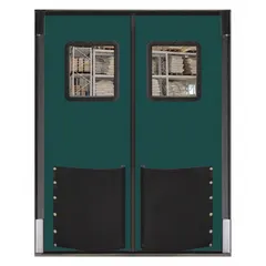 Polyethylene insulated swinging door set with two doors, each 7 ft wide by 8 ft high, in green. Includes a polycarbonate window, door seals, bumpers, and mounting hardware. Meets USDA standards for use in temperature-controlled environments such as cold storage and food processing facilities.
