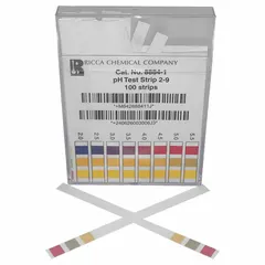 These pH test strips measure pH from 2 to 9 with a resolution of 0.5 pH. Each strip is 4 inches long and 3 inches wide. Suitable for water testing, laboratory analysis, and general pH measurement applications.