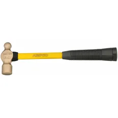 This non-sparking ball-peen hammer features a 16 oz aluminum bronze head with a 1 in face diameter and a 14 in overall length. The fiberglass handle provides electrical insulation and impact resistance. Suitable for use in environments where spark prevention is required, such as near flammable gases or dust.