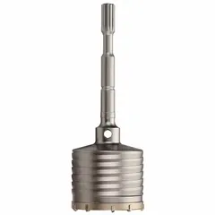 One-piece spline-shank core bit for dry drilling in masonry and concrete. Features a 4 in core diameter, 3 in core body length, and 22 in overall length. Decimal equivalent 5.0000 in. Centering bit not included. Compatible with spline-drive rotary hammers.