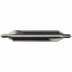 This plain-tip center drill is designed for creating precise conical starting holes in workpieces for lathe turning or grinding operations. The double-end design with a 90° included angle suits general machining tasks. Made from TiN coated carbide, it reduces friction and extends tool life in ferrous materials. Overall length is 1 1/2 in.