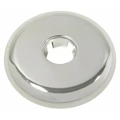 Plastic escutcheon with chrome finish, sold in a 12-pack. Designed to cover the gap between a faucet and the mounting surface, providing a finished appearance. Compatible with most manufacturer faucet series for universal fit.