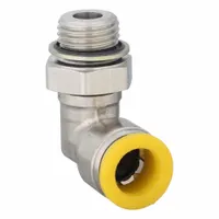Nickel-plated brass elbow fitting with push-to-connect and BSPP male thread. Connects 10 mm OD tube to 1/4" BSPP port. Suitable for pneumatic and fluid systems requiring tool-free installation