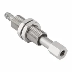 Vacuum buffer with rotation lock for automated handling systems. Features M5 female connection and 4 mm ID/6 mm OD push-on hose. Stroke length 10 mm. Absorbs shock and maintains vacuum during rapid pick-and-place movements.