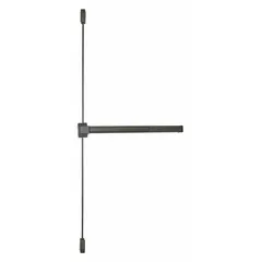 Surface vertical rod exit device with touchbar and night latch. Bronze finish. Rated for doors up to 4 ft wide. Provides push-pad actuation for emergency egress on commercial doors.