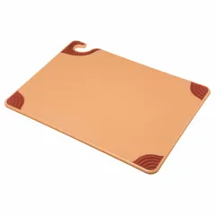 This brown co-polymer cutting board measures 20 inches in overall length and 15 inches in overall width. It is NSF certified for sanitation standards. Suitable for food preparation in commercial kitchens, the non-porous surface resists knife scars and bacterial growth.