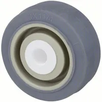 This caster wheel features a gray antimicrobial nonmarking rubber tread bonded to a polyurethane plastic core. With a 3 in diameter and 1 1/4 in width, it supports a load rating of 250 lb. The nonmarking tread protects floor surfaces, while the antimicrobial property helps inhibit microbial growth, making it suitable for use in environments where hygiene is a concern, such as hospitals, food processing areas, and clean rooms