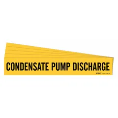 Yellow adhesive pipe marker with black legend text reading 'Condensate Pump Discharge'. Designed for pipes with an outer diameter of 8 inches and larger. Supplied in a 5-pack without directional arrows. Used to identify condensate pump discharge lines in piping systems.