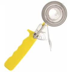 This #20 disher has a 2 oz capacity and a 2 1/8 in bowl diameter. It is constructed with an 18-8 stainless steel bowl and a plastic handle. NSF certified for sanitation in foodservice environments, it is used for portioning foods such as cookie dough, meatballs, or ice cream.