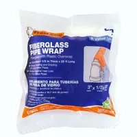 Fiberglass pipe wrap for thermal insulation and freeze protection on pipes in HVAC, plumbing, and industrial systems. Measures 3 inches wide by 25 feet long, 1/2 inch thick, with an R-Value of 1.6. Reduces heat loss and energy costs in cold environments