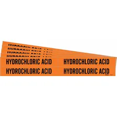 Orange adhesive pipe markers with black legend reading 'Hydrochloric Acid'. Each marker fits pipe outer diameters from 3/4 to 2-3/8 inches. Pack includes 4 markers without arrows, sold in a 5-pack. Used to identify pipes carrying hydrochloric acid in industrial piping systems.
