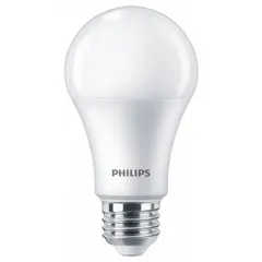 This PHILIPS LED bulb features an A19 classic shape with a frosted finish and a medium screw (E26) base. It operates at 12.2 watts and delivers 5000K daylight color temperature. Suitable for standard E26 sockets in residential and commercial lighting, including task areas and fixtures exposed to vibration or impact.