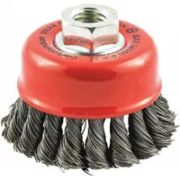 This cup brush is designed for heavy cleaning and surface preparation on contoured carbon steel surfaces. It features a 2 3/4 in diameter, 0.02 in fill diameter, and a 5/8"-11 arbor hole connection. The standard twist knot wire bristles are suited for aggressive removal of rust, scale, and weld splatter in industrial maintenance and fabrication tasks
