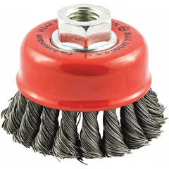 This cup brush is designed for heavy cleaning and surface preparation on contoured carbon steel surfaces. It features a 2 3/4 in diameter, 0.02 in fill diameter, and a 5/8"-11 arbor hole connection. The standard twist knot wire bristles are suited for aggressive removal of rust, scale, and weld splatter in industrial maintenance and fabrication tasks.