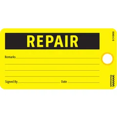 Yellow rectangular indoor tag made of cardstock, measuring 5 3/4 inches wide by 3 inches high. Printed in English. Suitable for identification and safety labeling in industrial environments. Supplied in a 25-pack.