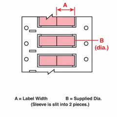 Polyolefin sleeve label roll with precut 1/2 in x 1 in labels in pink matte finish. Designed for wire gauges from 1 AWG to 8 AWG. Compatible with BBP72 printer series. Used for color-coded identification of wires and cables in industrial settings.