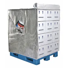 Insulated pallet cover with liner length 50 in, width 42 in, and height 49 in. Supplied one per case. Used to protect temperature-sensitive goods during storage or transport in cold-chain logistics and warehousing.