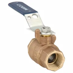 Bronze straight ball valve with 3/4 in FNPT female threaded ends and a lever handle. Rated for 600 psi cold working pressure. Used for on-off or flow control in water, oil, and gas piping systems.