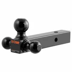 This CURT ball mount is a non-adjustable steel unit designed for Class IV hitches. It features three ball diameters (2 in, 1-7/8 in, and 2-5/16 in) for compatibility with various trailer couplers. The powder-coated finish provides rust resistance. Weighs 19 lb. Backed by a limited lifetime warranty (1 year finish, 1 year parts).