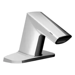 Cast zinc construction with chrome finish. Battery-powered sensor faucet for hands-free operation in commercial restrooms. Includes (4) AA alkaline batteries and a back-check tee.