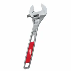 This adjustable wrench is constructed from alloy steel with a chrome finish. It has a 15-inch overall length and a jaw capacity of 1 3/4 inches. Suitable for tightening or loosening nuts, bolts, and fittings in general maintenance and repair tasks.