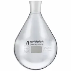 Colorless round glass boiling flask with 3,000 mL capacity. Features a 24/40 compatible stopper size. Used in rotary evaporators for solvent removal and concentration in laboratory settings.