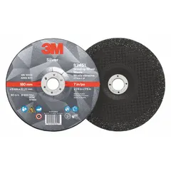 This 3M depressed center grinding wheel is designed for cool-cutting on carbon and stainless steel. The 7-inch diameter, 1/4-inch thickness, and 7/8-inch arbor hole accommodate standard angle grinders. Ceramic grain in 36 grit provides aggressive material removal for weld grinding, beveling, and surface preparation.