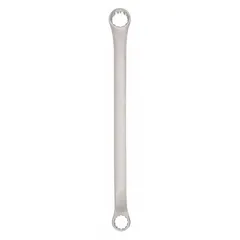 This double-end box end wrench features 12 mm and 14 mm 12-point heads with an offset design for accessing recessed fasteners. Made of alloy steel with a satin finish, it has an overall length of 8 3/4 inches. Suitable for tightening or loosening metric fasteners in maintenance and assembly tasks.
