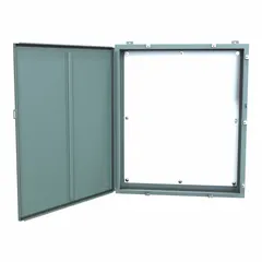 This steel washdown enclosure measures 42 x 36 x 8 inches and is rated NEMA 12/13/3R/4, making it suitable for indoor or outdoor use where protection from dust, falling dirt, rain, and hose-directed water is required. It features a solid cover, an included panel, and clamp closure method. Knockouts are not provided.