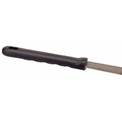 Gray rubber replacement handle for fry pans, 10 inches long. Made of rubber, not non-stick. Suitable for restoring functionality to pans with damaged handles.
