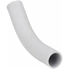 This 45° conduit elbow is made of PVC with Schedule 80 wall thickness for heavy-duty applications. It has a 4 in trade size and 12 5/8 in overall length. Used to change direction in electrical conduit runs, suitable for industrial and commercial installations in walls, ceilings, or underground.