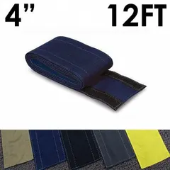 This 4-inch wide, 12-foot long nylon cable floor cover in blue uses a hook-and-loop closure for easy installation and removal. It is designed to manage and protect cables across walkways or work areas, reducing trip hazards and wear in industrial facilities, warehouses, and event spaces.