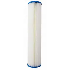 Pleated water filter cartridge with 5 micron polyester media for sediment removal. Flow rate of 14 gpm and overall height of 9 3/4 inches. Suitable for use in industrial water systems, process water, cooling towers, and pre-filtration applications.