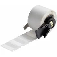 Precut vinyl label for wire and cable identification. White matte finish provides clear, legible marking. Designed for 16 AWG to 8 AWG wire gauge. Compatible with M610 printer series; requires M7-R4300 ribbon
