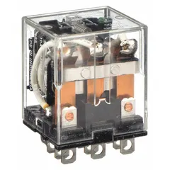 Plug-in relay from the LY Series with a square base and flat pins. Features a 3PDT contact configuration rated 10 A, 11 terminals, and quick-connect electrical connection. Coil voltage 12V DC. Used for switching loads in control panels, automation systems, and machinery.