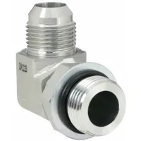 Steel hydraulic hose adapter with 90° elbow configuration. Male ORB (O-Ring Boss) to male JIC (Joint Industry Council) connection. Used to change direction in hydraulic fluid lines, suitable for industrial machinery and mobile equipment