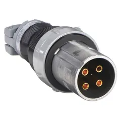 Watertight pin and sleeve plug for industrial environments requiring a secure electrical connection. Rated 60 A, 250V DC or 600V AC, three-phase, with 4 poles and 4 wires. Suitable for heavy-duty equipment in manufacturing, data centers, and outdoor power distribution.