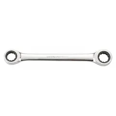 This SAE double-end ratcheting box end wrench features 12-point heads for secure engagement on fasteners. Constructed of alloy steel with a chrome finish, it has head sizes of 3/4 in and 11/16 in and a 9 in overall length. Suitable for tightening or loosening fasteners in maintenance and assembly tasks.