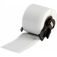 Precut label roll measuring 2 3/4 in x 1 1/4 in, made of gray polyester with halogen-free material properties. Designed for use with the BMP71 printer series when paired with a Media Adapter. Suitable for industrial identification tasks such as cable marking, component labeling, and asset tracking