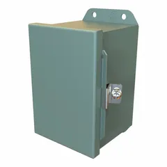 This steel washdown enclosure measures 6 in x 4 in x 4 in and features a solid hinged cover with clamp closure. Rated NEMA 12/13/3R/4, it provides protection against dust, falling dirt, dripping water, rain, sleet, and hose-directed water. Suitable for indoor or outdoor use in industrial environments where electrical components require a robust enclosure. Knockouts are not included.