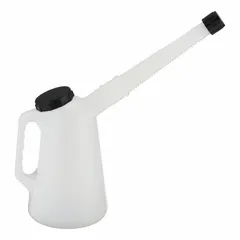 This 1-quart oil measuring container features a flexible 7 1/4-inch spout and an overall height of 7 3/4 inches. Graduation marks are included for accurate fluid measurement. Suitable for dispensing and measuring oils in lubrication and maintenance tasks.
